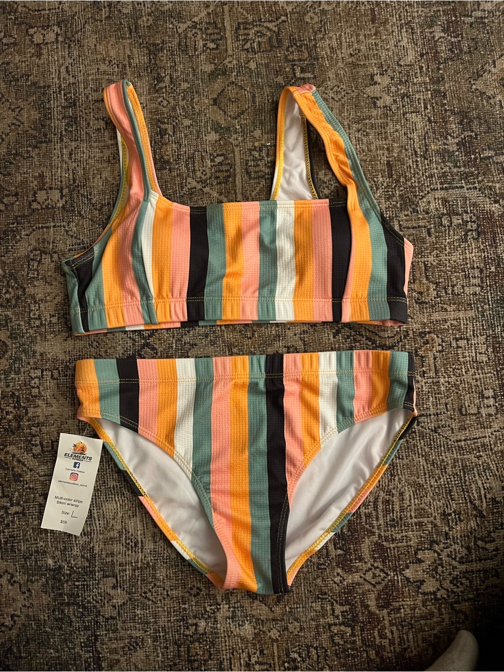 Element Girls' Multicolor Stripe Bikini - Coral, Teal, Black, Yellow